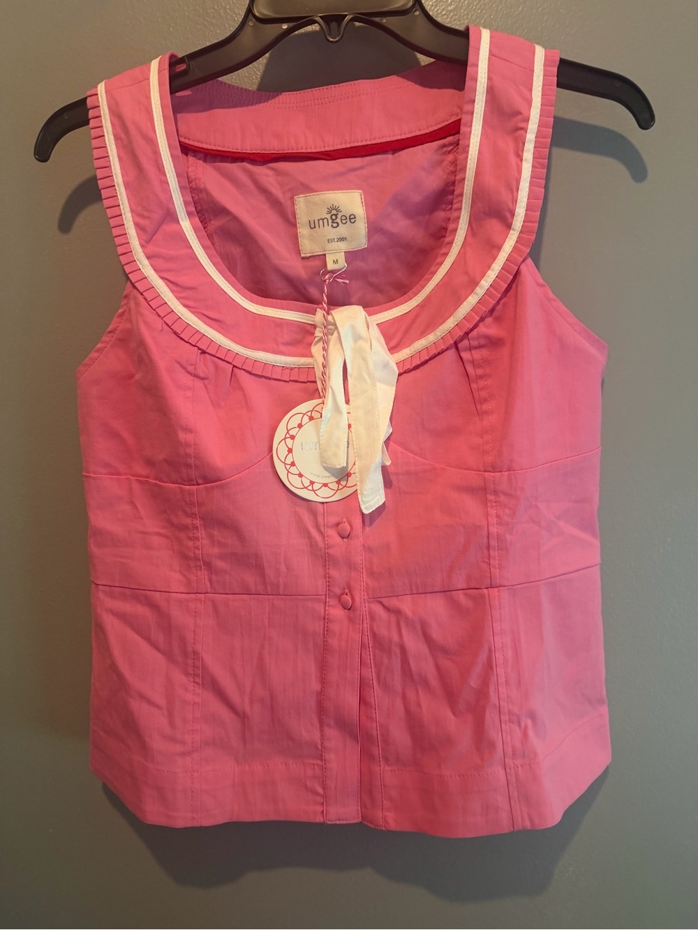 Umgee Pink Sleeveless Button-Front Tank with White Trim and Tie